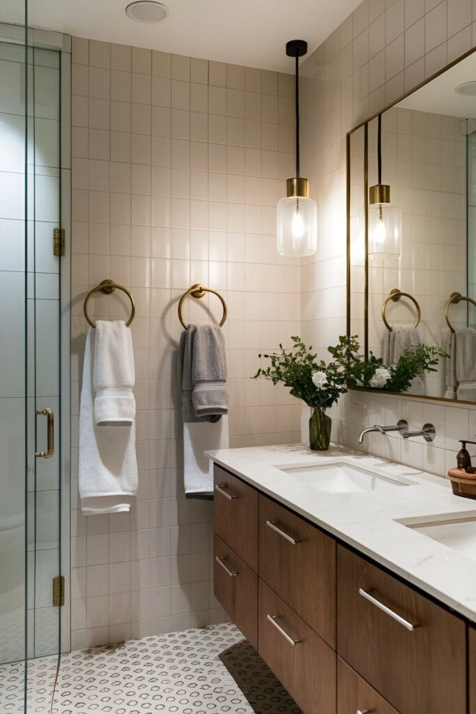 Bathroom with towel rings mounted on a horizontal rail, holding neatly arranged towels