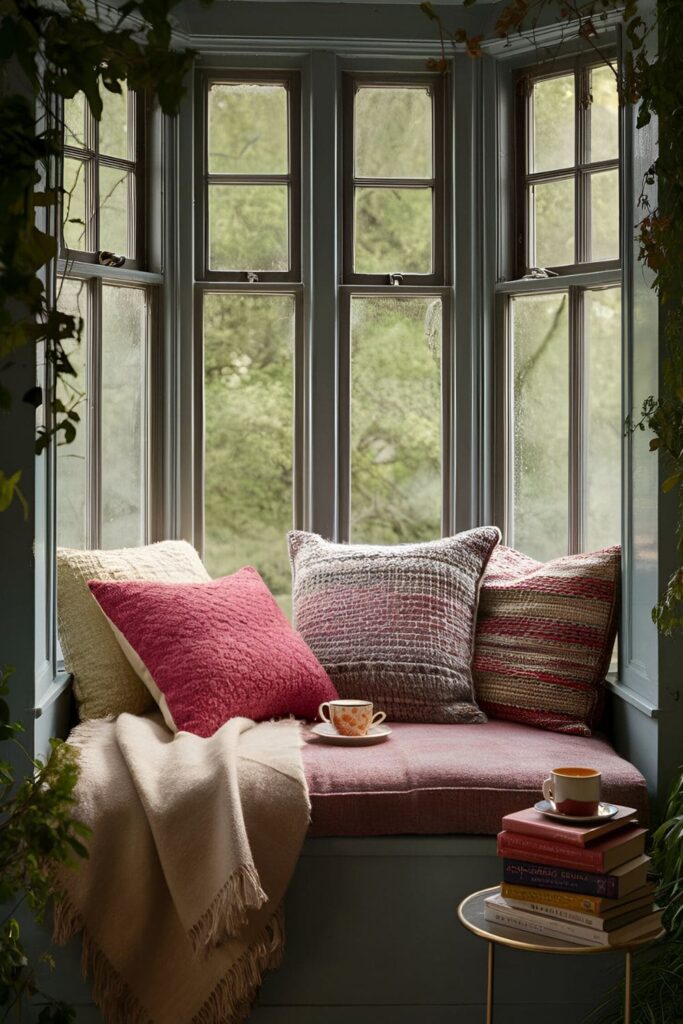 Bay window with a cozy window seat adorned with colorful cushions and throw blankets