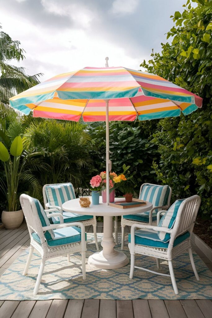 Beach-style umbrella with bright colors and fun patterns on a casual patio