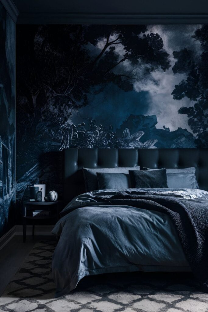 Bedroom featuring a dramatic dark wall mural depicting a night sky, adding depth and intrigue to the space, complemented by luxurious furnishings in dark hues