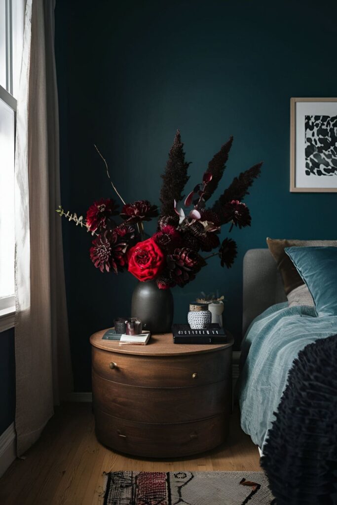 Bedroom featuring dark floral arrangements with deep red roses and black calla lilies, adding a touch of natural beauty while maintaining a moody vibe with dark vases and rich textiles