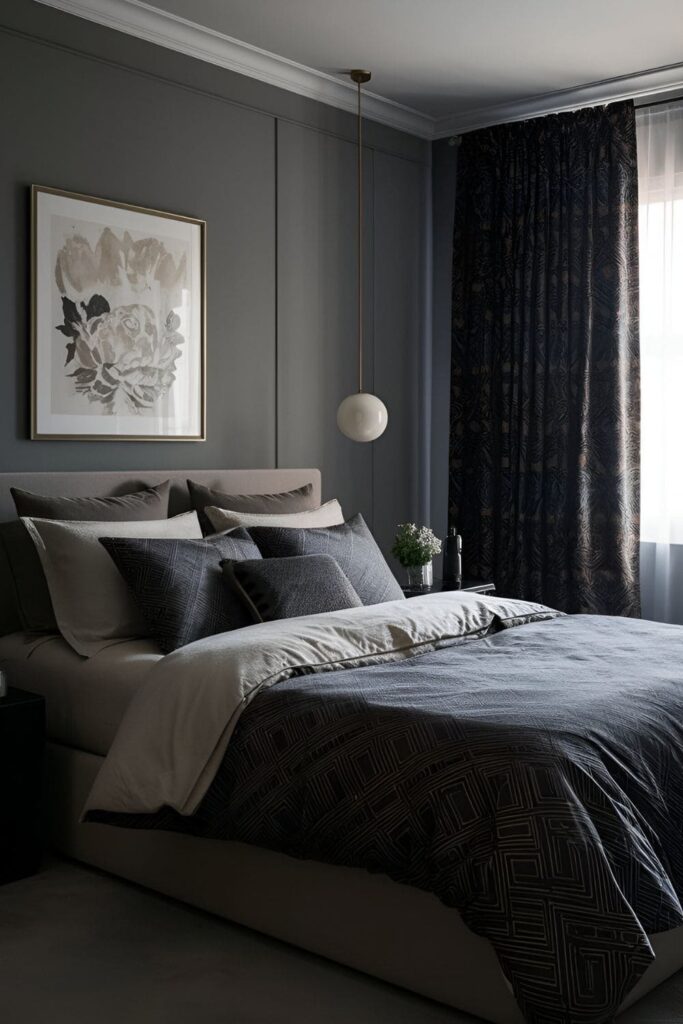 Bedroom featuring subdued patterns in dark colors for bedding and curtains, with subtle geometric designs and floral prints adding texture and complexity to the sophisticated space