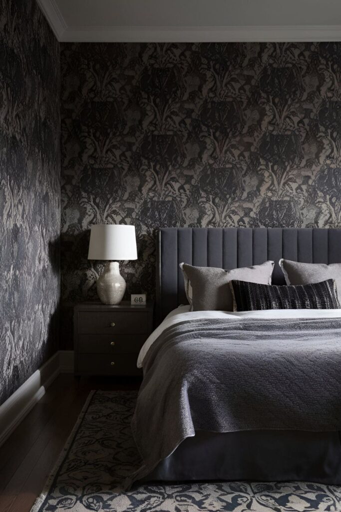 Bedroom featuring wallpaper with dark, intricate floral patterns, adding depth and interest to the walls, transforming the space into a sophisticated retreat with a moody ambiance