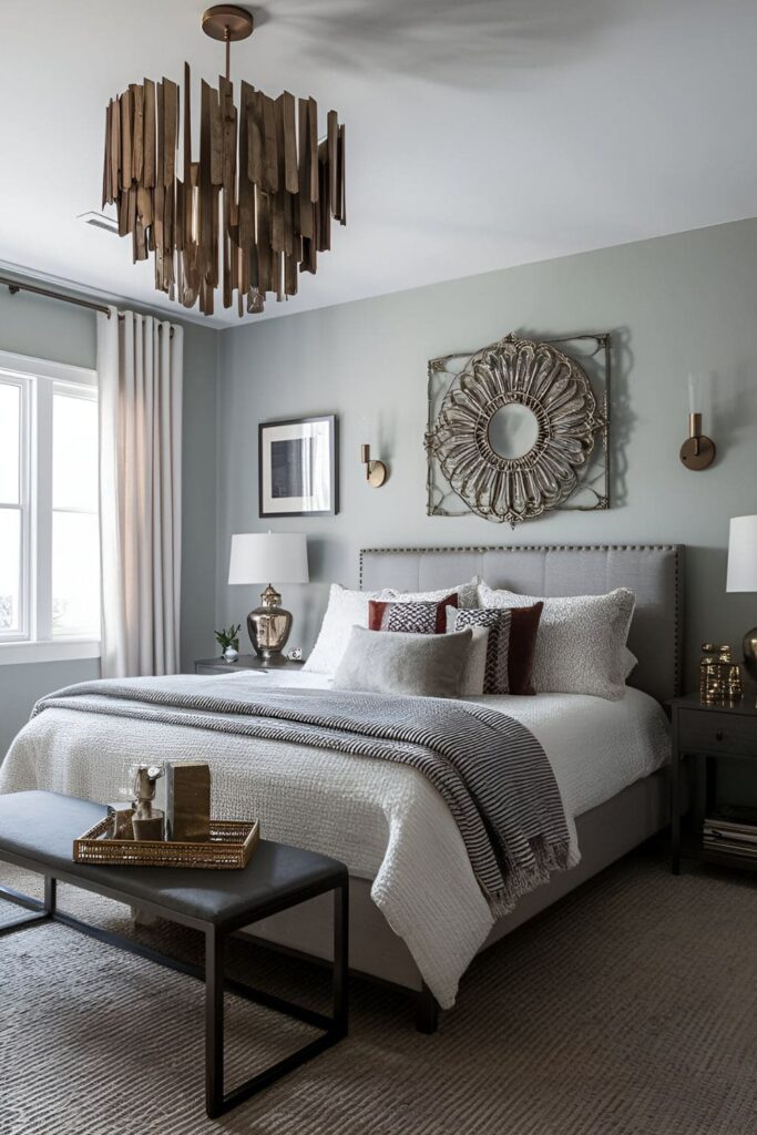 Bedroom incorporating subtle metallic accents in bronze light fixtures and picture frames, adding a touch of glamour and sophistication to the balanced and elegant space