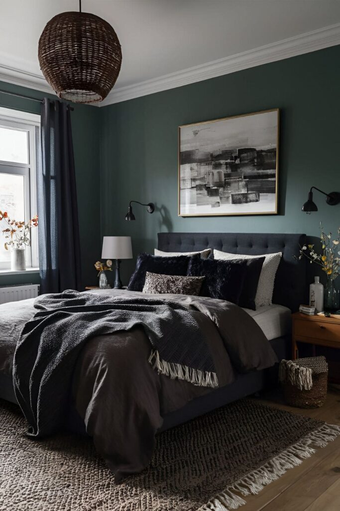 Bedroom showcasing a visually rich bed setup with dark pillows, throws, and bedspreads in various dark hues, mixing textures like velvet, silk, and faux fur