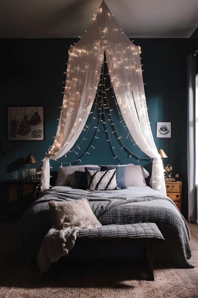 Bedroom with a canopy draped over the bed and intertwined with string lights, creating a magical, starry atmosphere