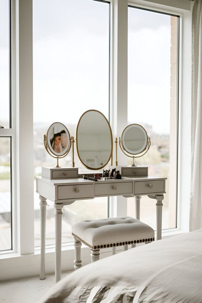 Bedroom with a chic vanity table set up next to a large window, ideal for makeup application with natural light, featuring a stylish mirror and comfortable stool