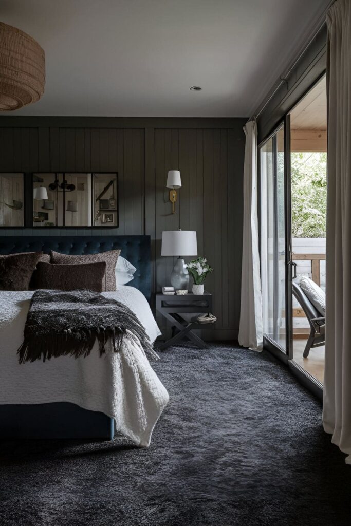 Bedroom with a plush, dark-colored high-pile carpet, providing a cozy foundation and grounding the room with dark furniture and decor for an inviting feel