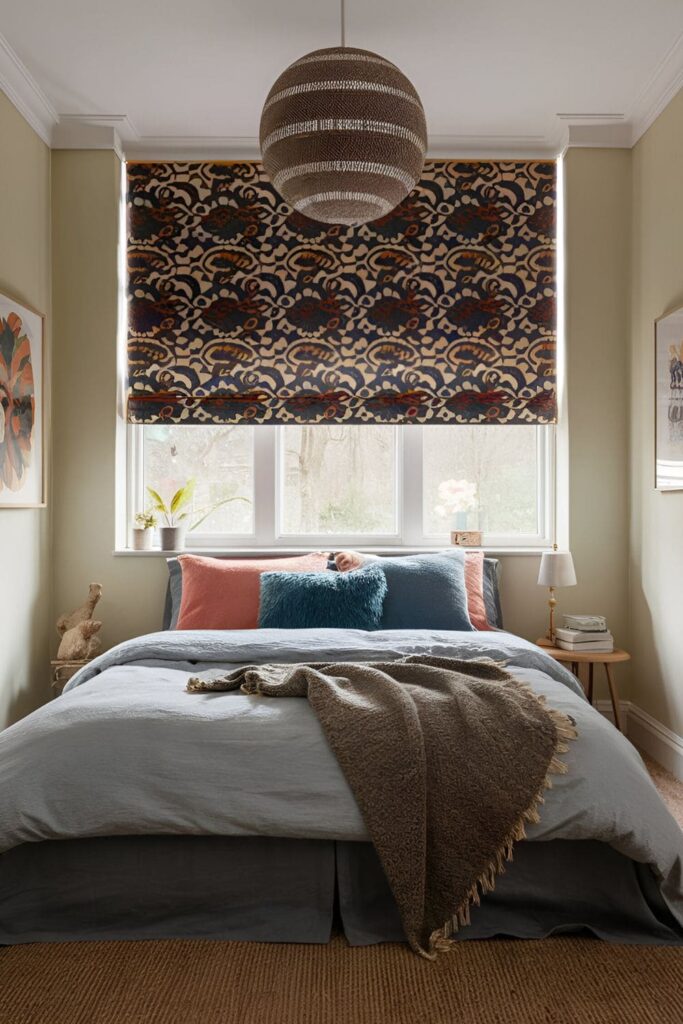 Bedroom with a window behind the bed, featuring bold patterned roller blinds adding color and personality to the room