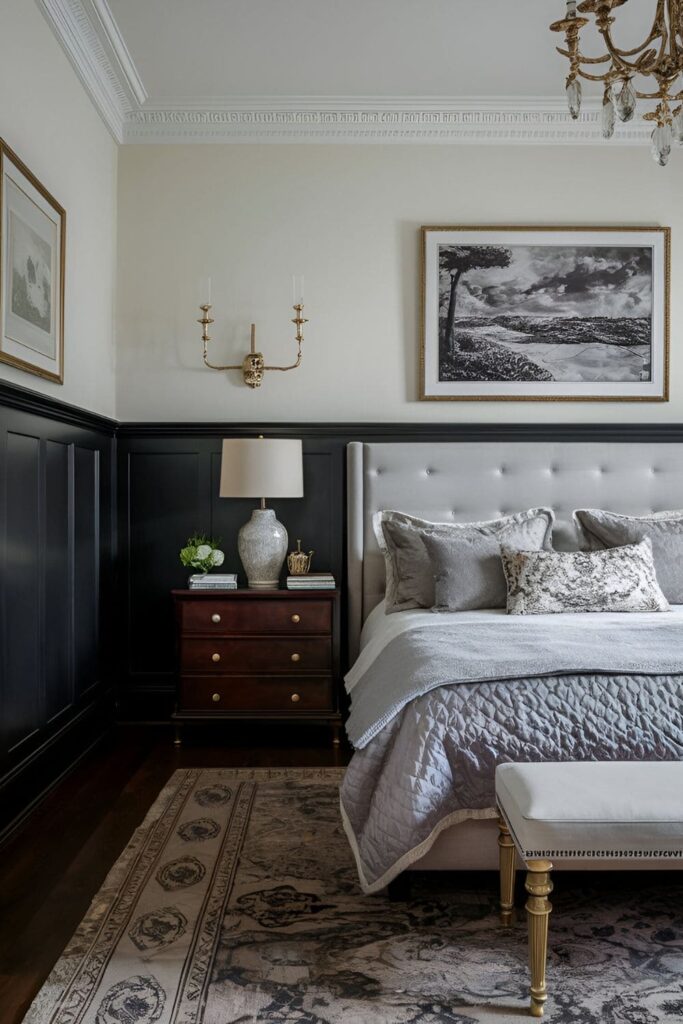 Bedroom with dark wainscoting on the lower half of the walls, adding a traditional, sophisticated touch and rich contrast to lighter walls, complemented by elegant furniture