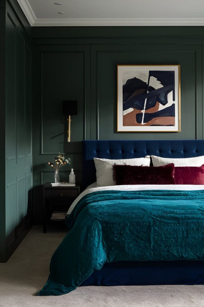 Bedroom with deep jewel tones like emerald green cushions and sapphire blue throws, adding richness and vibrancy to complement the dark neutrals and create an inviting atmosphere