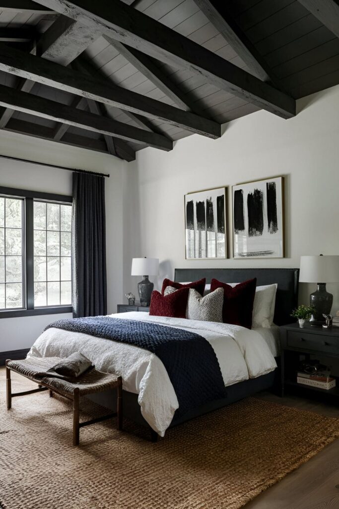 Bedroom with exposed ceiling beams painted in dark color, drawing the eye upward to emphasize the room's height and structure, paired with dark furniture and rich textures