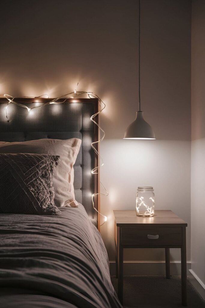 Bedroom with fairy lights wrapped around the headboard and placed in a jar on the bedside table, emitting a soft, warm glow