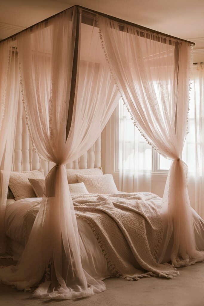 Bedroom with light and airy tulle drapes used as window treatments and around the bed, adding a romantic touch