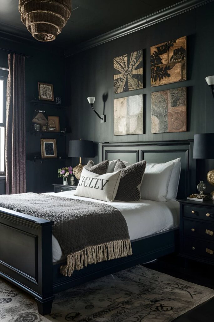 Bedroom with personalized decor items including monogrammed pillows, custom-made art on the walls, and bespoke dark wooden furniture, creating a moody, intimate atmosphere with rich, dark colors