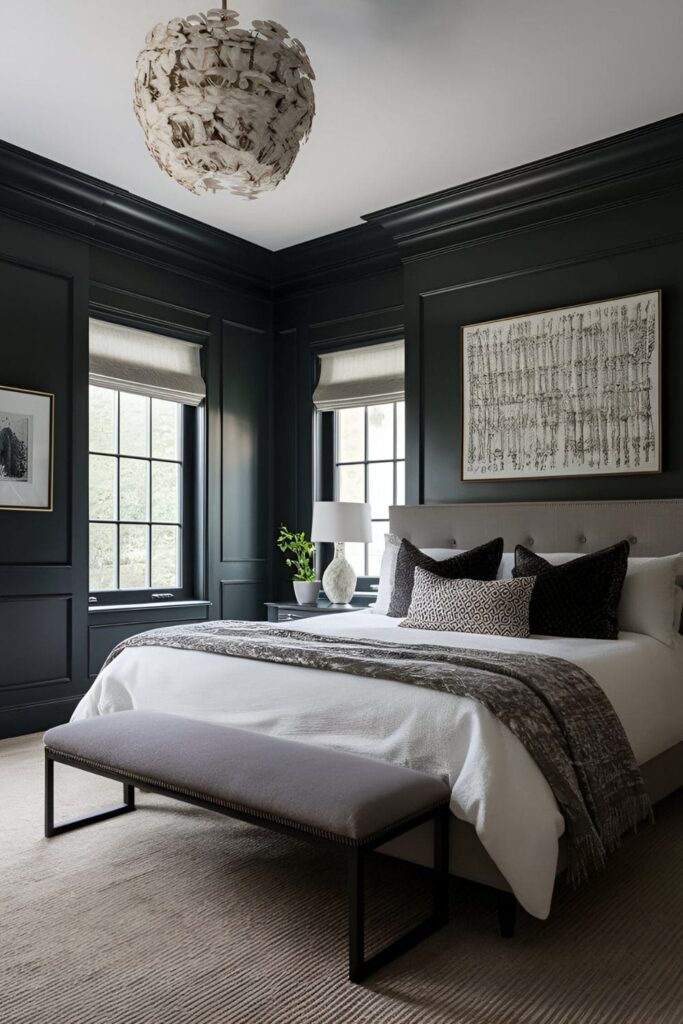 Bedroom with trim and moldings painted in a dark color, framing the room and highlighting architectural features, creating a striking contrast with lighter walls and a sophisticated look