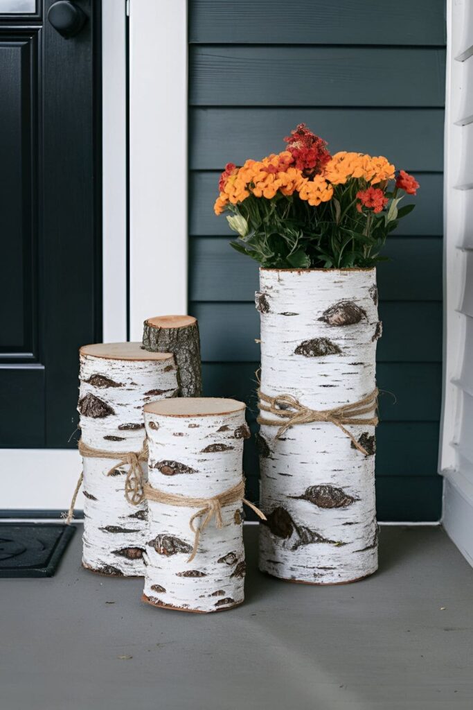 Birch logs tied together with twine and placed on a front porch, adding a rustic touch to the fall decor