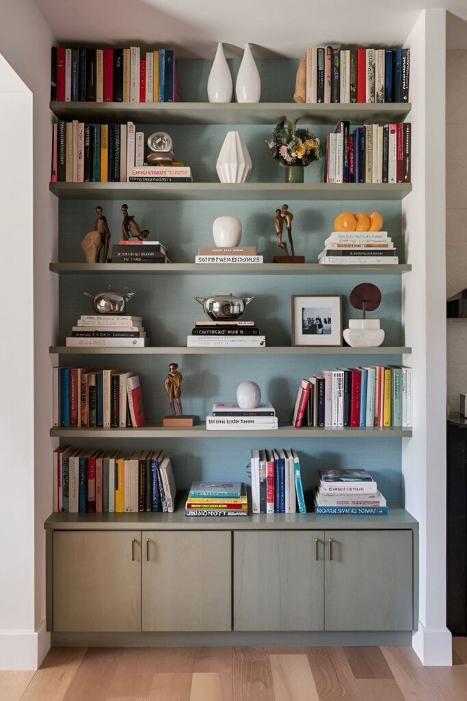 Bookshelf styled with a mix of books, vases, and framed photos arranged both vertically and horizontally