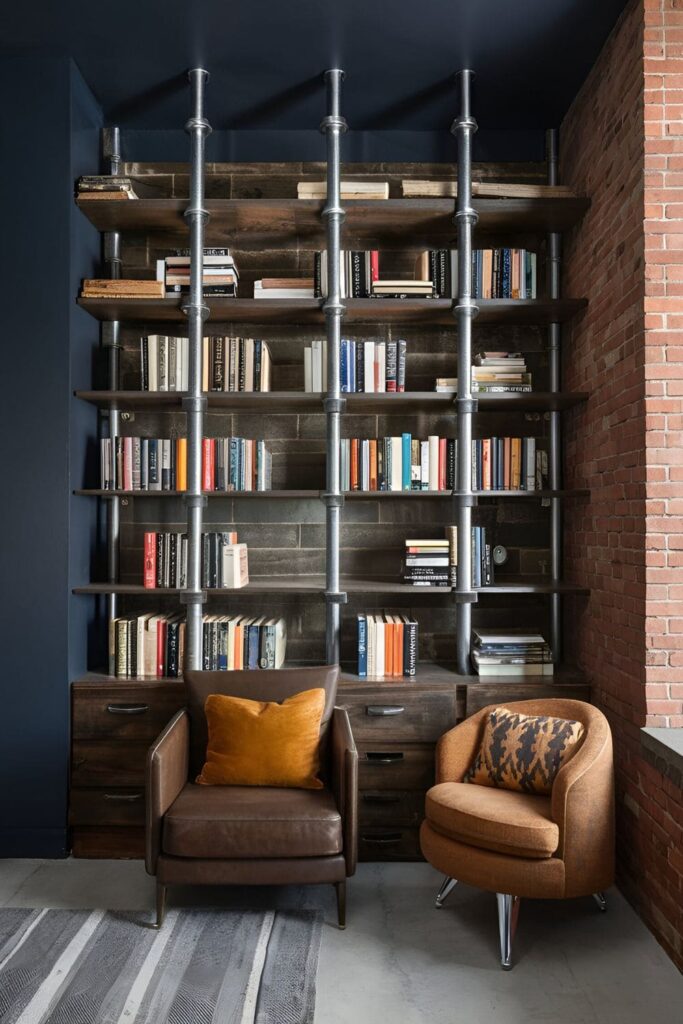 Bookshelves in a living room made from industrial materials like metal pipes and reclaimed wood