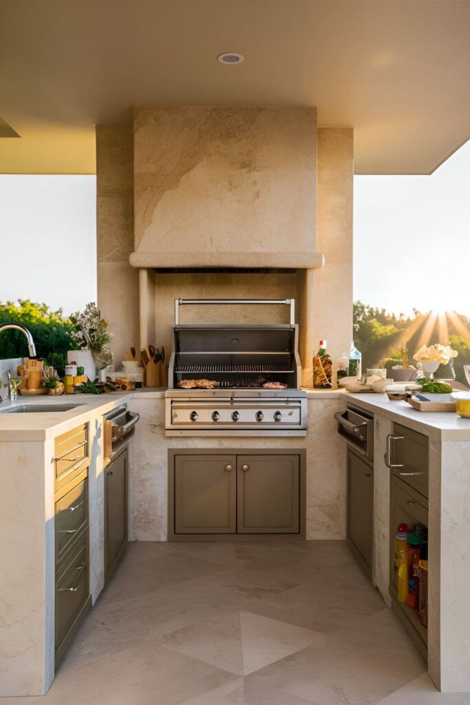 Built-in grill station with prep areas and storage cabinets