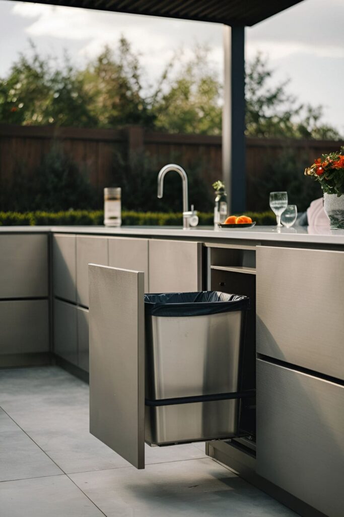 Built-in trash bin discreetly integrated into outdoor kitchen cabinetry