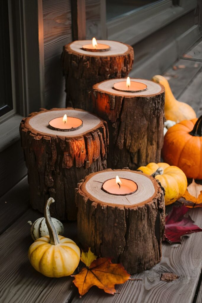 Cedarwood slices used as candle holders, with candles arranged on a porch table or steps, complementing fall decor