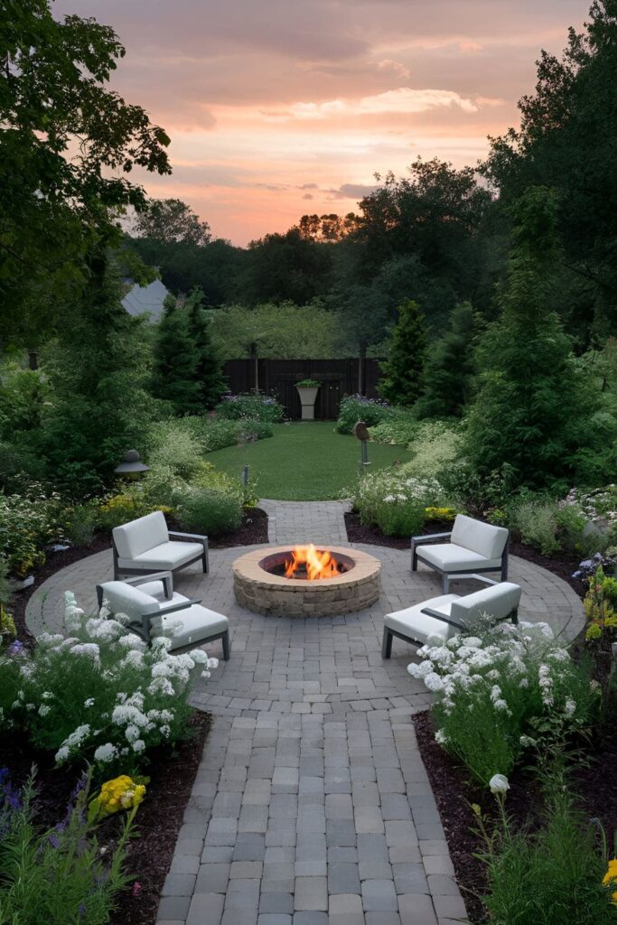 Circular patio design with pavers, ideal for a central fire pit, round table, or garden sculptures