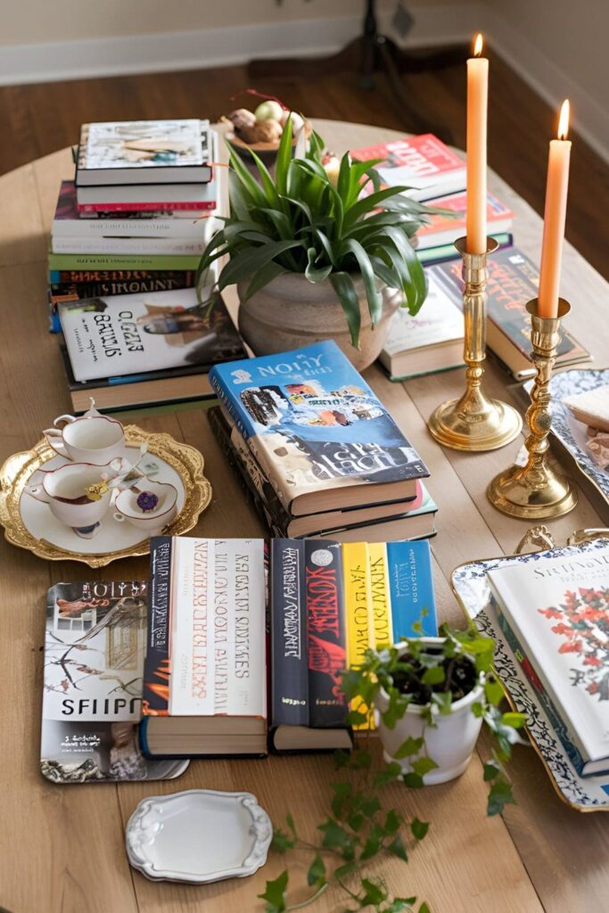 Coffee table decorated with a mix of books, candles, trays, and small plants