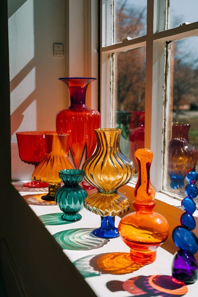 Collection of colorful glass vases, bowls, and sculptures displayed on a sunlit windowsill, casting vibrant reflections