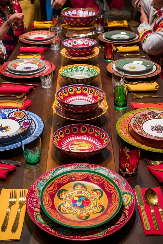 Colorful Mexican festive tableware set for a meal, including plates, bowls, and serving dishes with vibrant and celebratory designs