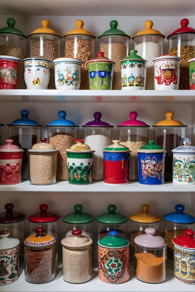 Colorful storage containers for dry goods, including hand-painted ceramic jars and glass jars with vibrant lids, adding color and practicality