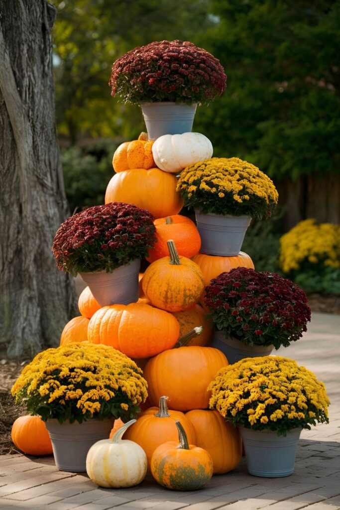 Colorful, textured display with alternating layers of pumpkins and potted mums, stacked to create a visually striking tower