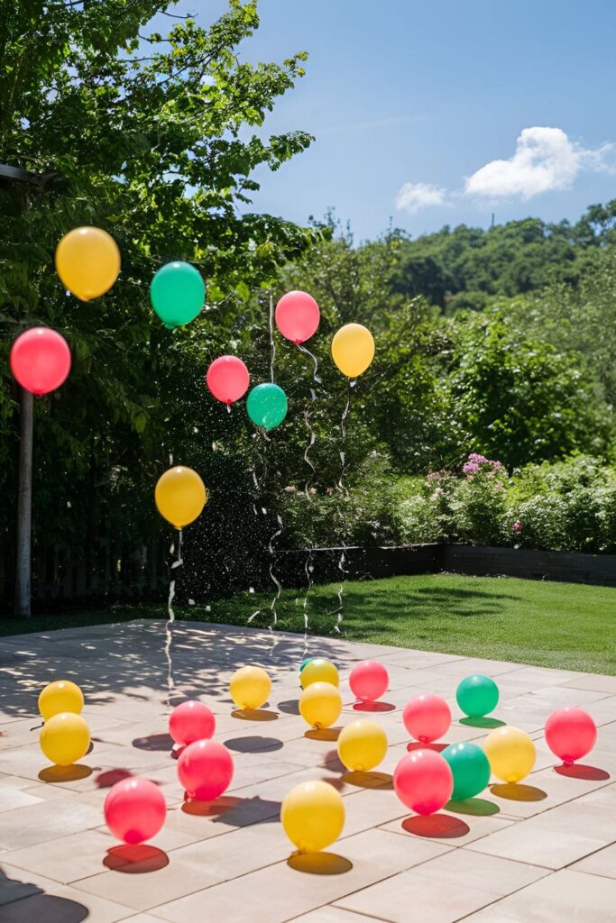 Colorful water balloons arranged on a sunny patio with a green background, ready for games like toss and relay races