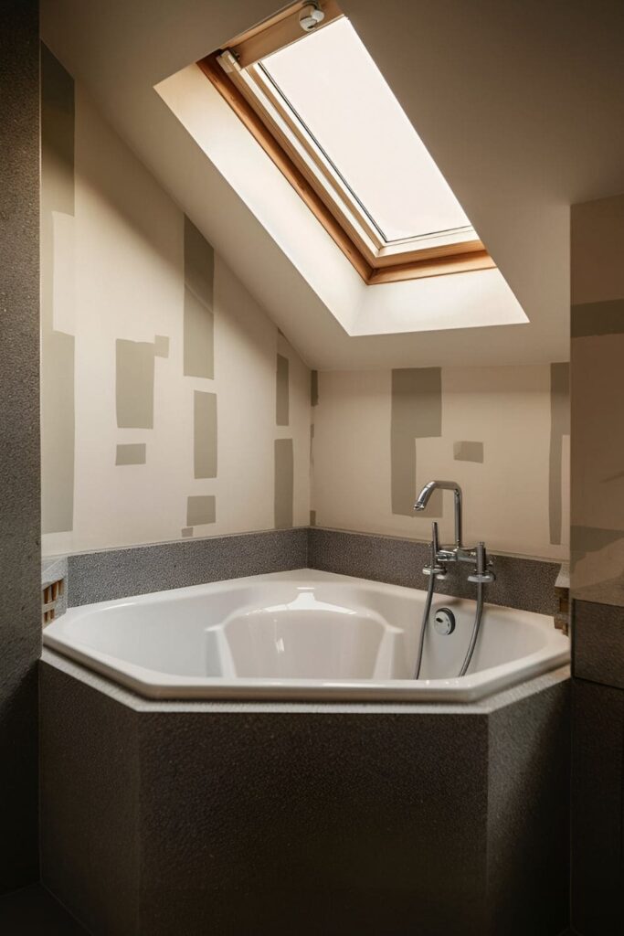 Compact bathtub installed in a small bathroom, showcasing its deep, relaxing design