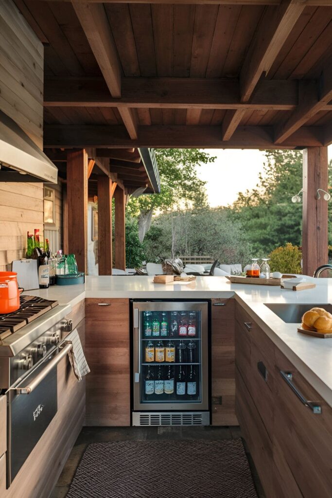 Compact outdoor refrigerator stocked with beverages and perishables