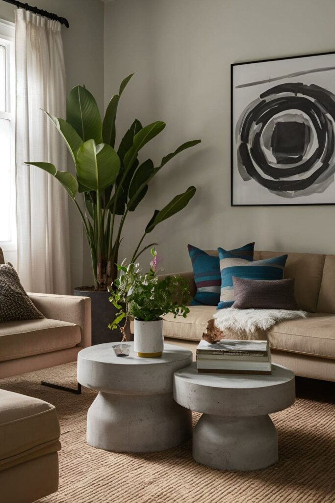 Concrete planters and tables in a living room, adding an industrial and modern touch