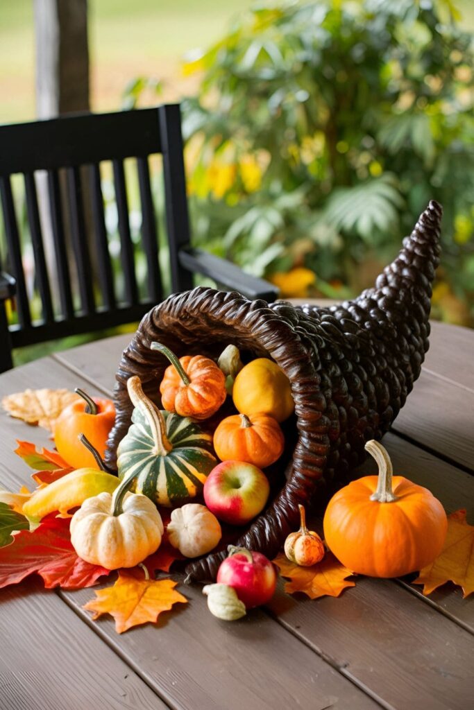 Cornucopia centerpiece on a porch table, filled with mini pumpkins, gourds, apples, and fall leaves