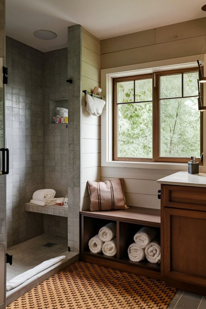 Cozy bathroom with a cubby bench near the shower, storing rolled towels