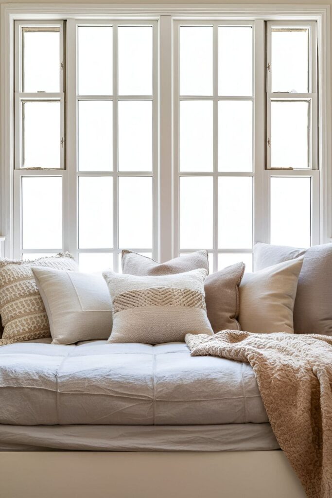 Cozy bedroom featuring a daybed in front of the window behind the bed, creating a comfortable seating area and cozy spot to relax