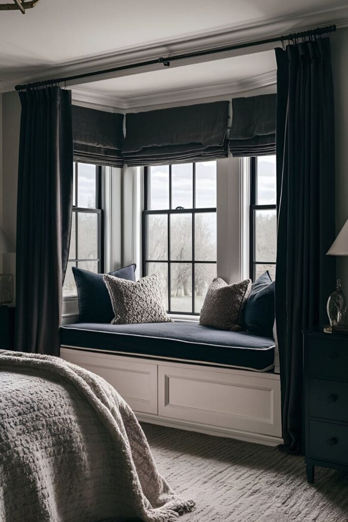 Cozy bedroom window seat adorned with dark cushions and pillows, perfect for reading or relaxing, enhancing the room's moody ambiance with dark drapes and furniture