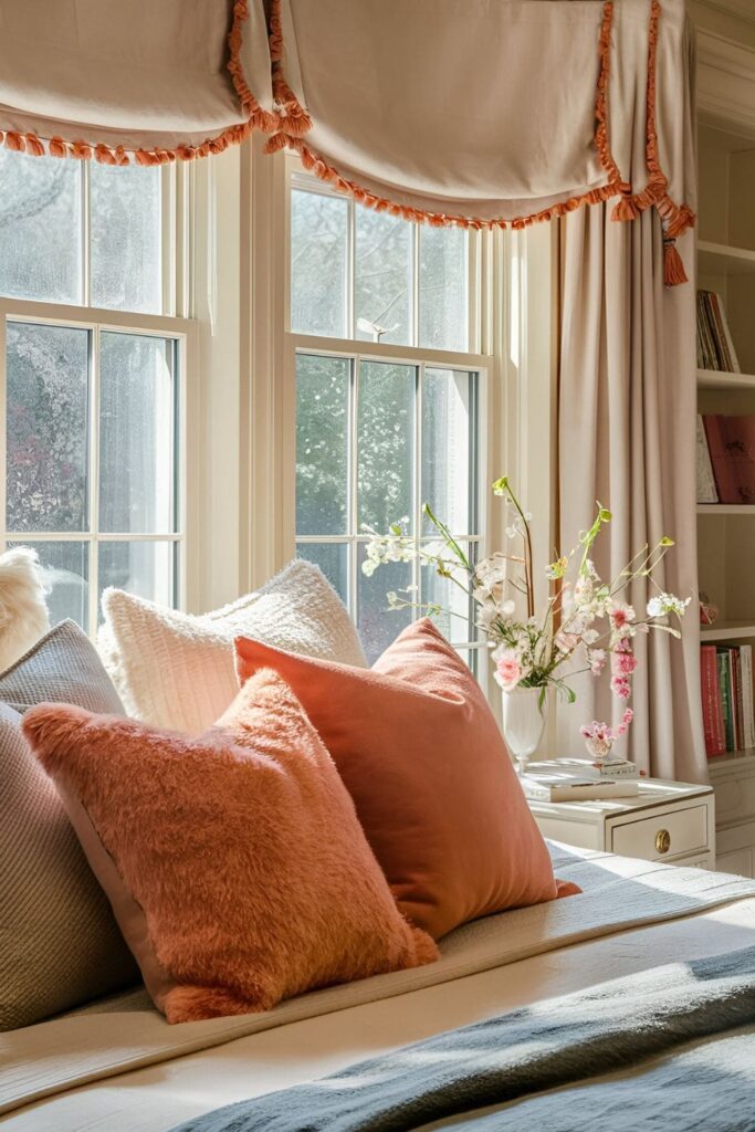 Cozy bedroom with a window behind the bed adorned with bright throw pillows matching the window treatments, adding a pop of color