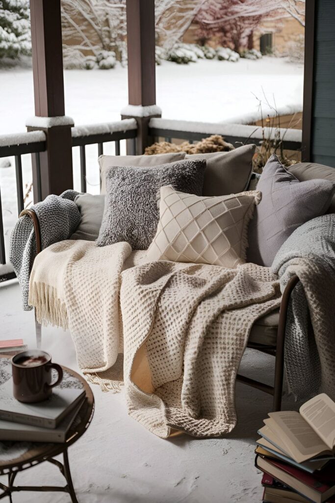 Cozy corner on a winter patio with a loveseat or daybed, piled high with blankets and pillows, perfect for reading or cuddling