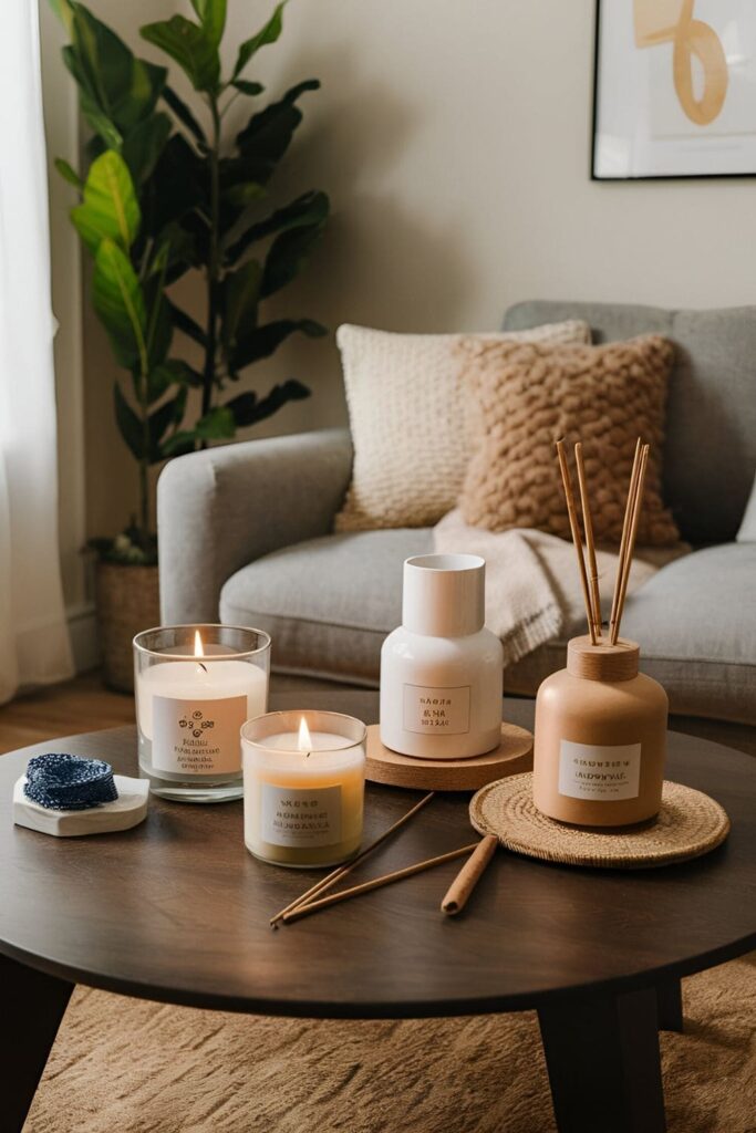 Cozy living room with candles, essential oil diffusers, and incense, emitting scents of lavender, sandalwood, and vanilla