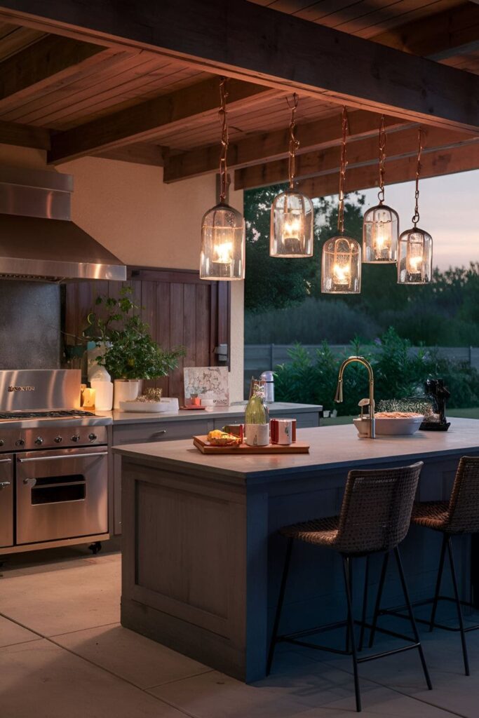 Cozy outdoor kitchen illuminated by hanging and surface-placed lanterns