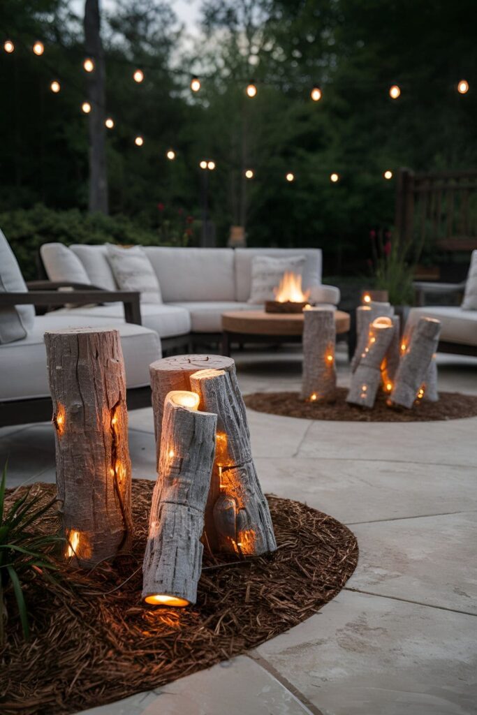 Cozy patio seating area with faux log lights embedded with warm LEDs, placed around the seating area and along pathways to create a rustic, campfire-like glow