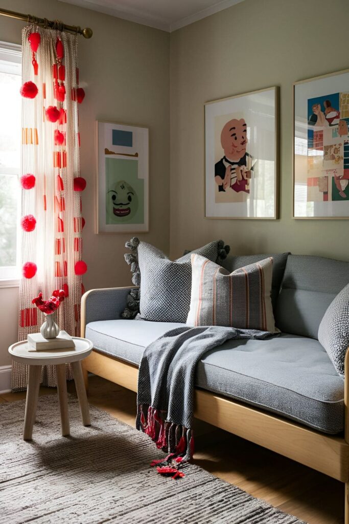 Cozy room featuring playful tassels and pom-poms on pillows, throws, and curtain tiebacks, adding a whimsical touch