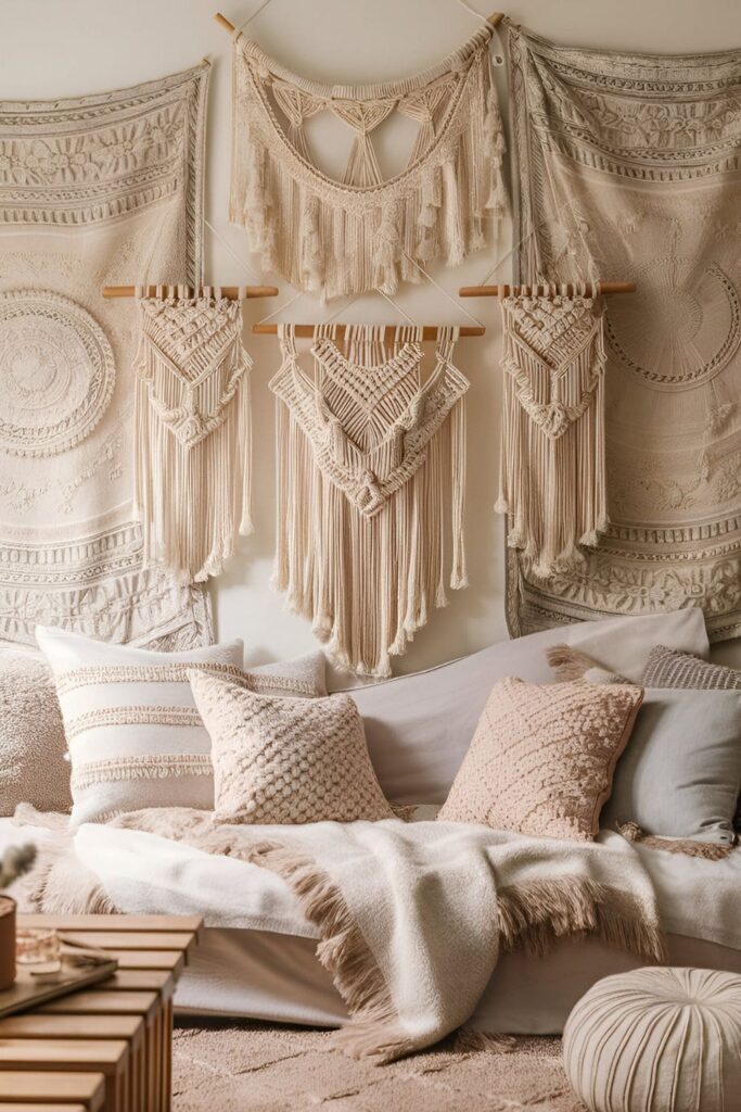 Cozy room with woven tapestries and macrame wall hangings in neutral and pastel colors, creating a bohemian vibe