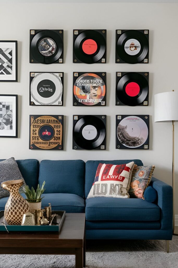 Custom vinyl records displayed on a living room wall, showcasing unique cover art and designs