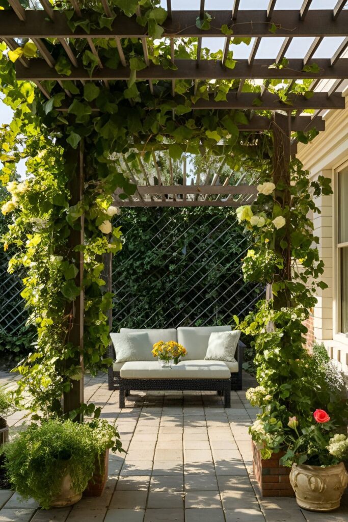 Decorative garden trellises supporting climbing plants like ivy and roses on a patio, adding height and visual interest