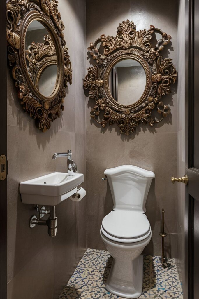 Decorative mirror with an interesting frame hanging in a small bathroom, creating the illusion of more space